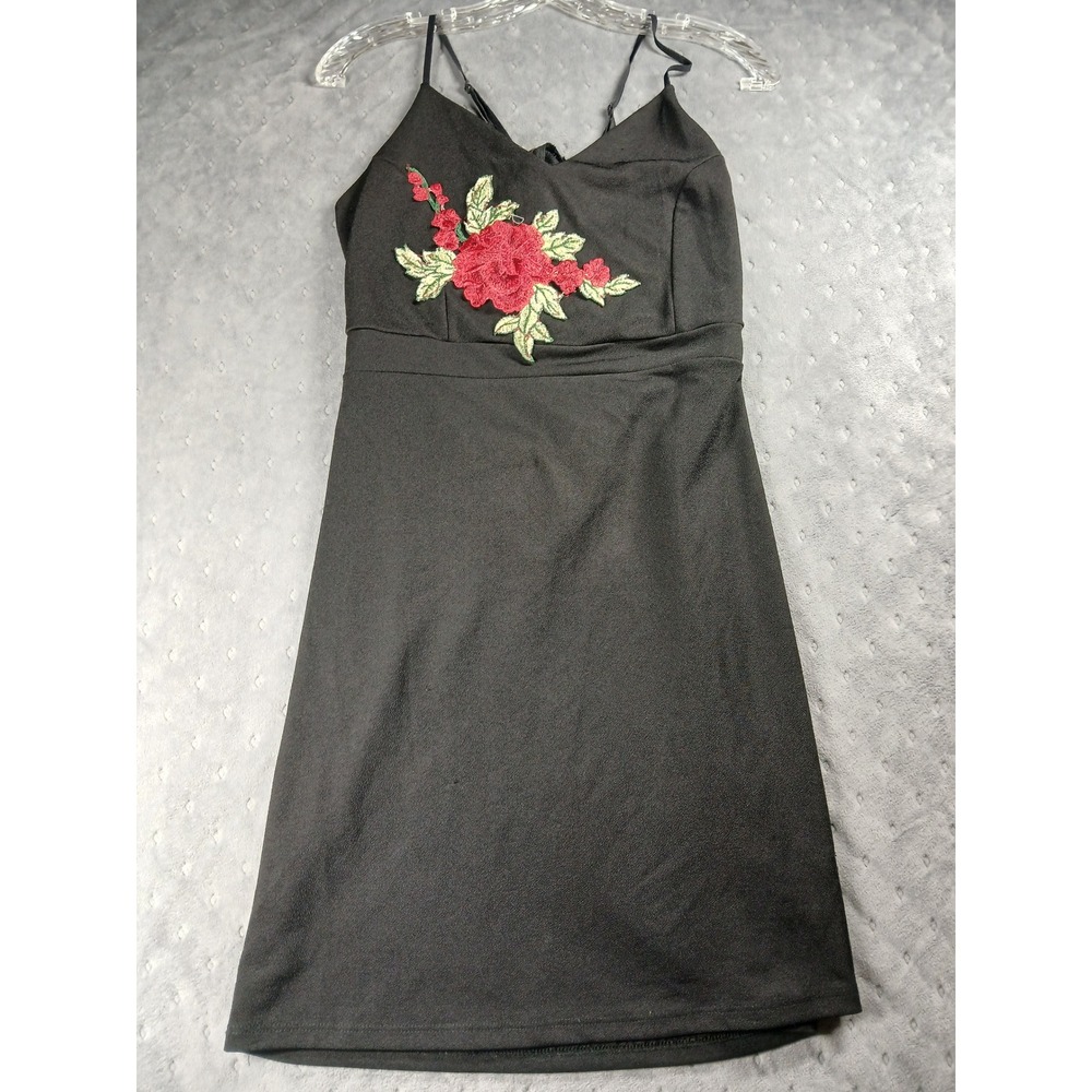 Vintage Beware!Black Mini Dress. Rose Embroidered.Y2K. Whimsigoth. Romanticgoth.
